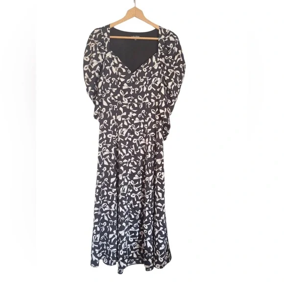 For Love & Lemons Angelica Bow Print Puff Ruched Sleeve Button Front Dress sz M - Picture 3 of 10